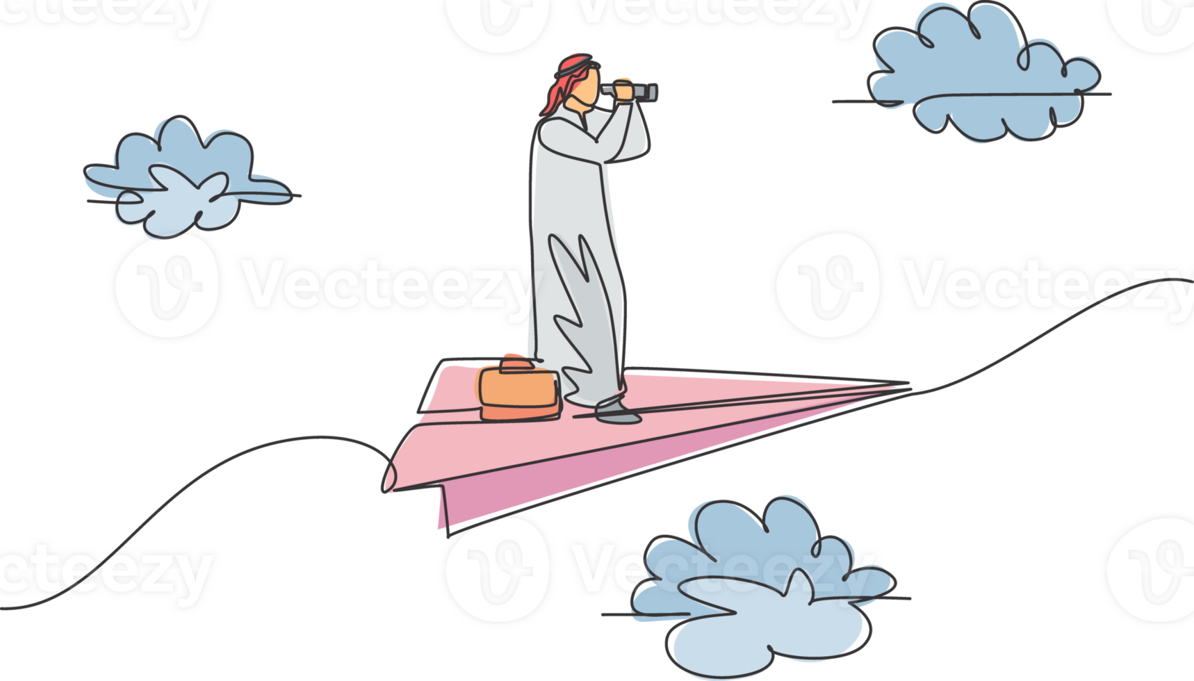 Continuous one line drawing of young Arab male worker forecasting market while flying with paper plane. Success manager minimalist metaphor concept. Single line draw design graphic illustration png