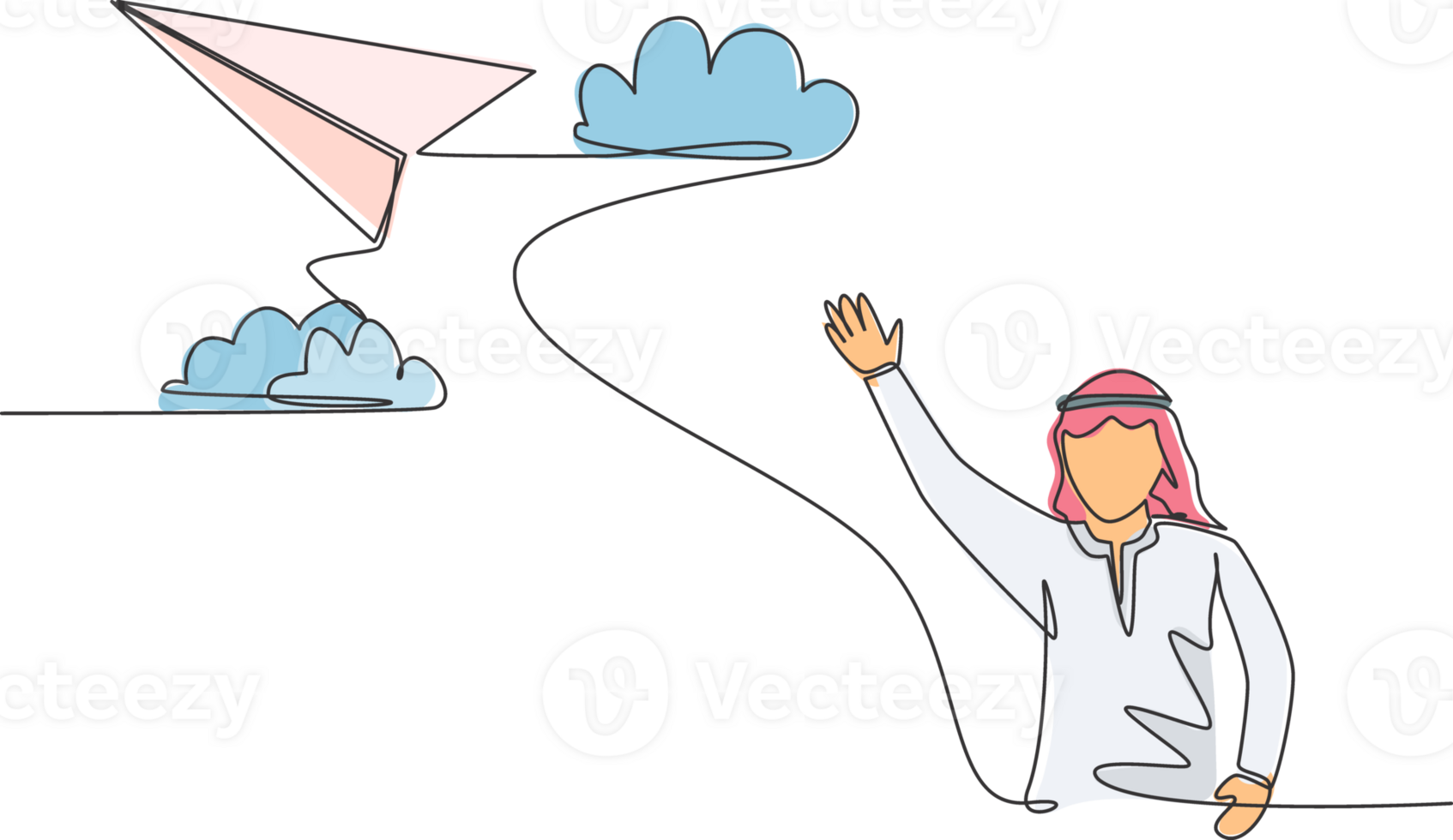 Single continuous line drawing young Arabian business man waving hand to flying paper plane. Professional manager. Minimalism metaphor concept. Dynamic one line draw graphic design illustration png