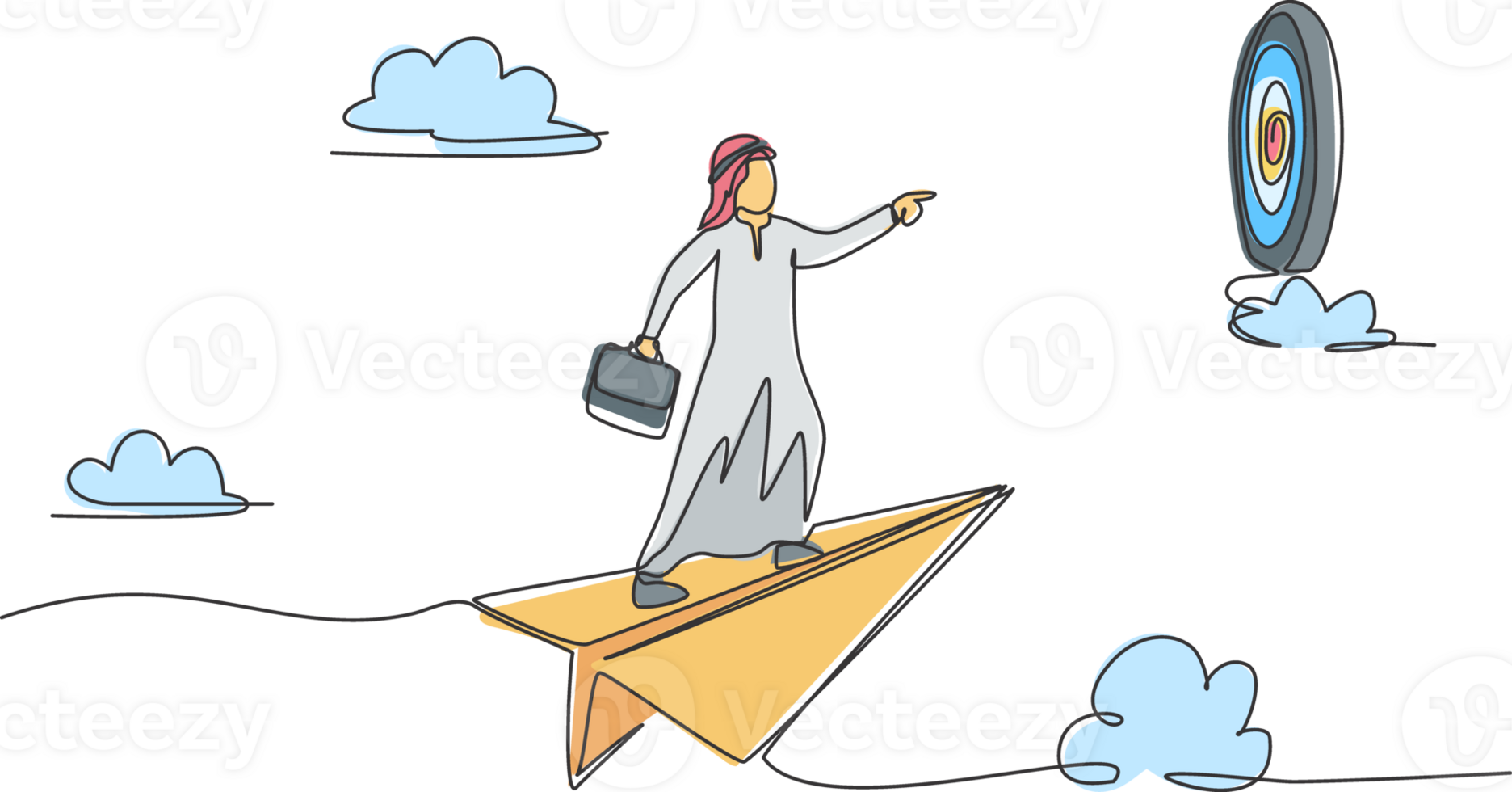 Continuous one line drawing young Arab male worker flying with paper plane to hit target on dartboard. Success manager minimalist metaphor concept. Single line draw design graphic illustration png