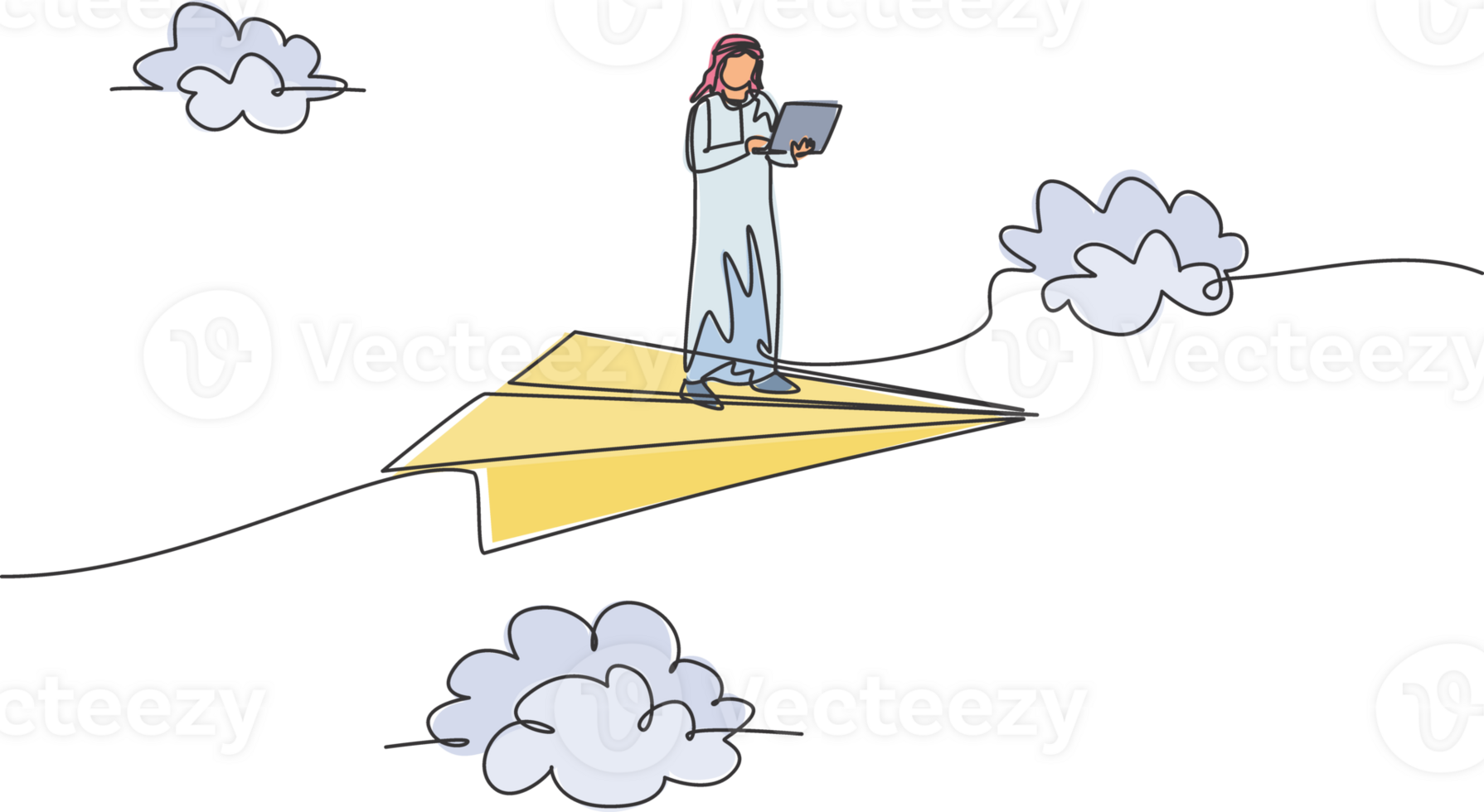 Continuous one line drawing young Arab male worker standing and holding laptop on flying paper plane. Business manager minimalist metaphor concept. Single line draw design graphic illustration png