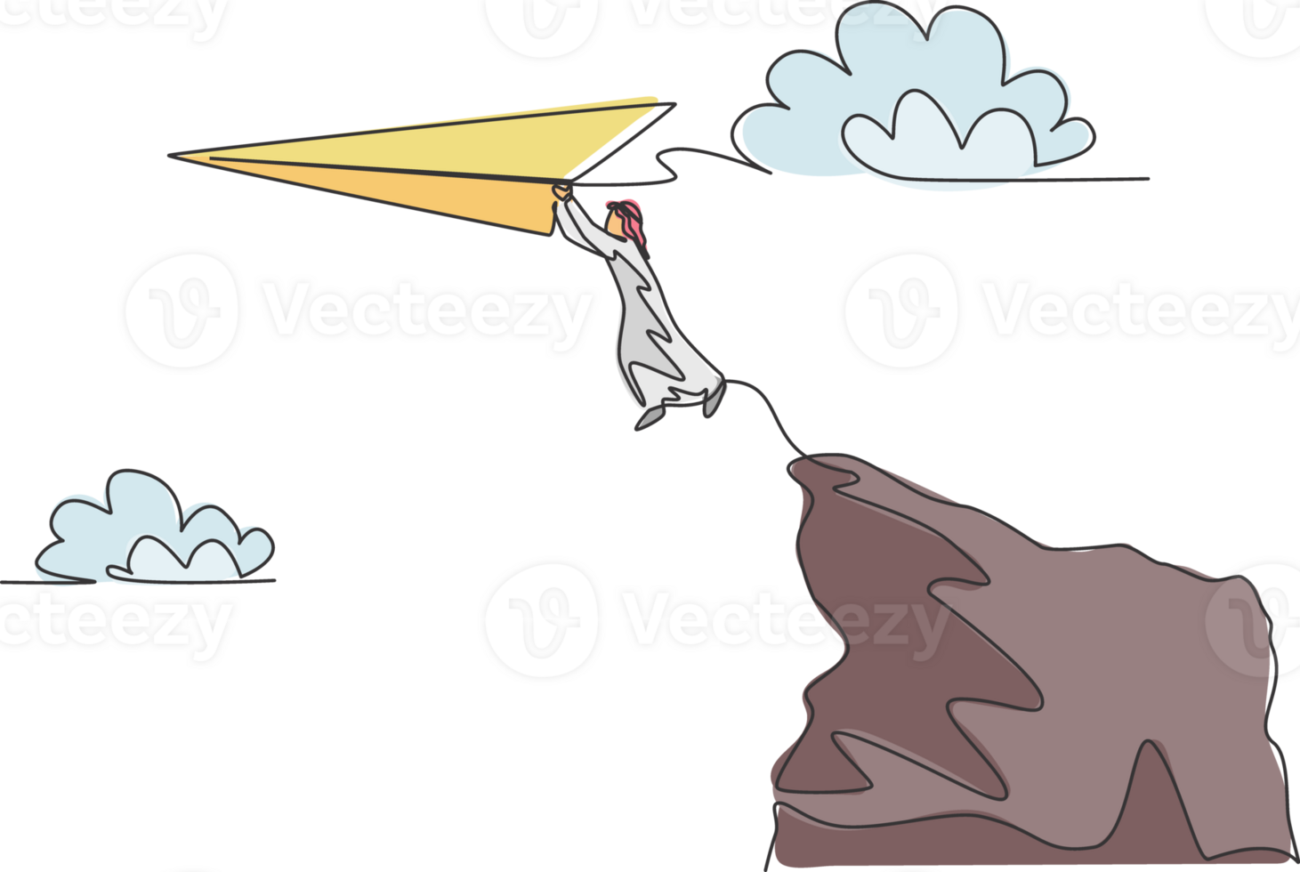 single een lijn tekening van jong Arabisch bedrijf Mens jumping van klif top naar bereiken papier vliegtuig. bedrijf visie metafoor concept. modern doorlopend lijn trek ontwerp grafisch illustratie png