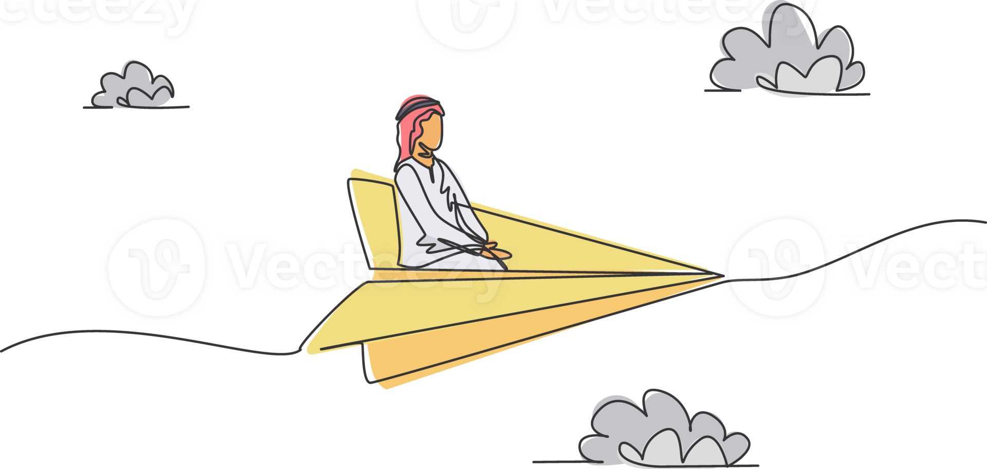doorlopend een lijn tekening van jong Arabisch mannetje arbeider zittend kom tot rust Aan vliegend papier vliegtuig. succes bedrijf reis minimalistische metafoor concept. single lijn trek ontwerp grafisch illustratie png