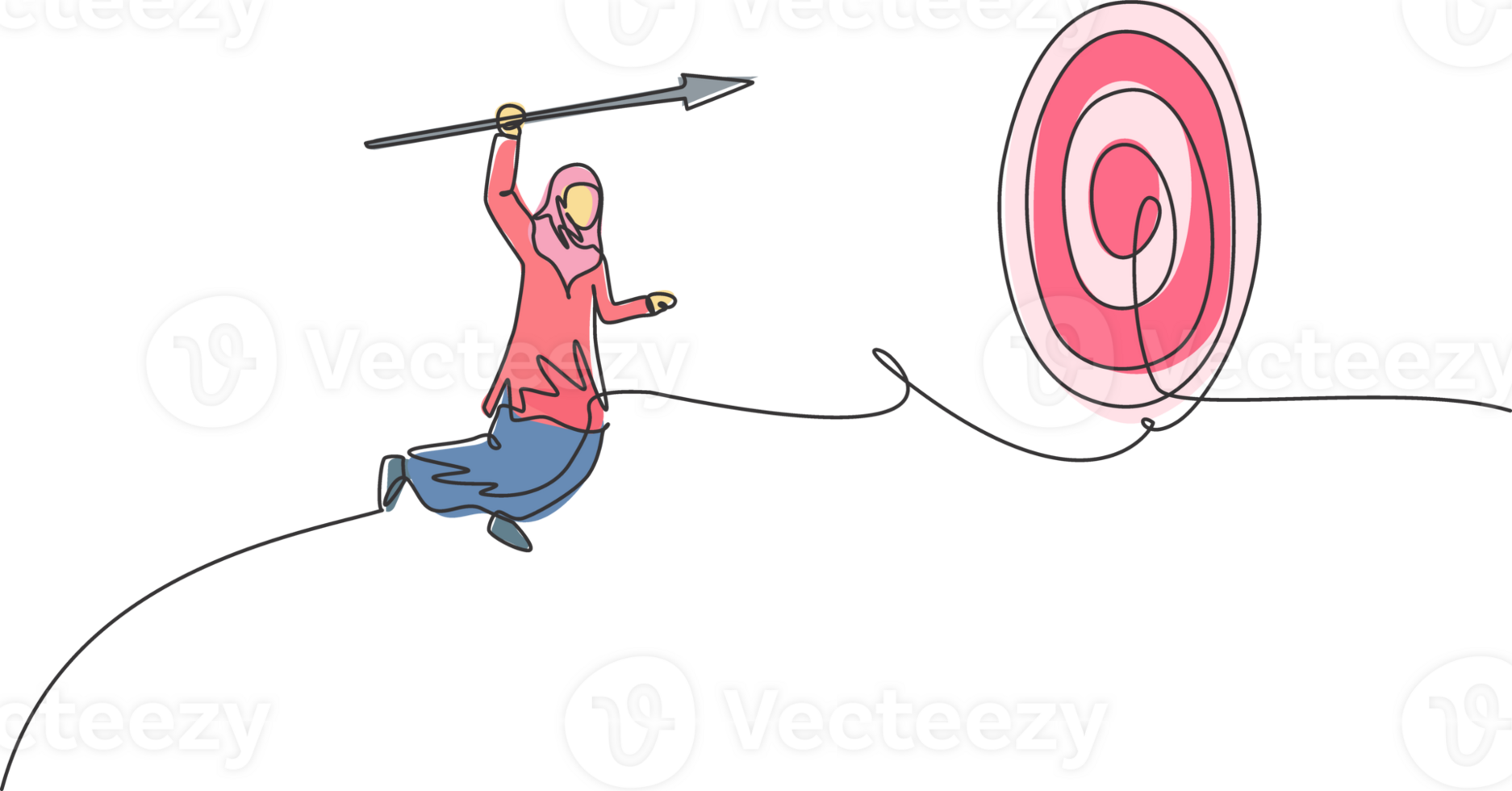 Single continuous line drawing young professional female Arab entrepreneur jumping high while hit the goal target. Minimalism metaphor concept dynamic one line draw graphic design illustration png