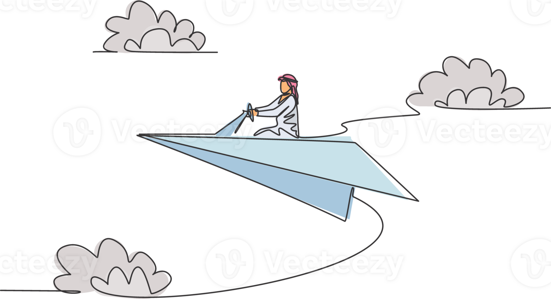 Continuous one line drawing of young Arab male worker flying with paper plane doing business trip. Success manager minimalist metaphor concept. Single line draw design graphic illustration png