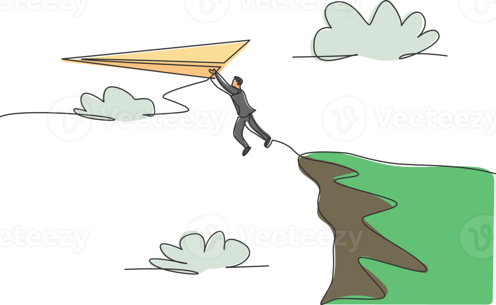 single doorlopend lijn tekening jong zakenman jumping van klif rand naar bereiken vliegend papier vliegtuig. bedrijf metafoor concept. minimalisme dynamisch een lijn tekenen. grafisch ontwerp illustratie png