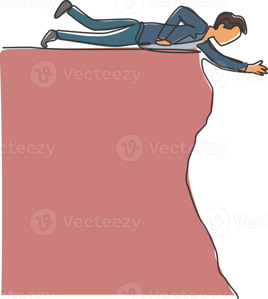 Single continuous line drawing young business man lay down on edge cliff to reach his partner. Business teamwork metaphor concept. Minimalism dynamic one line draw. Graphic design illustration png