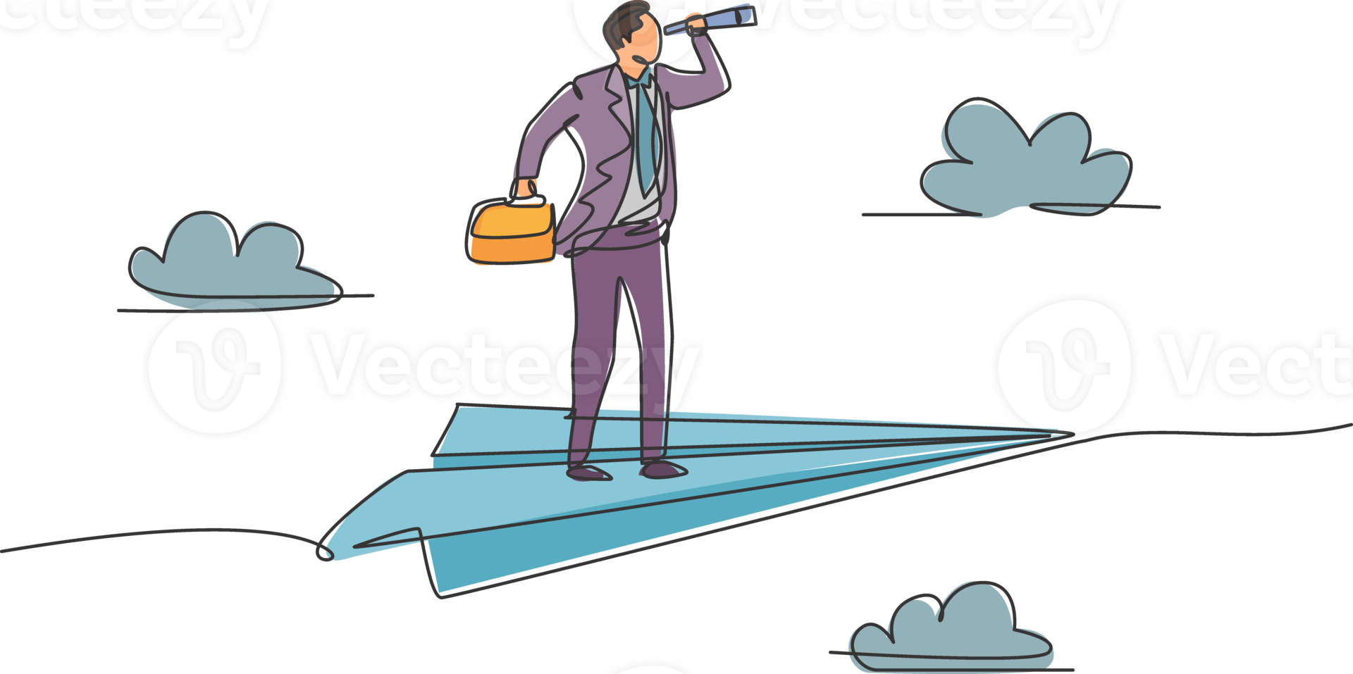 Single one line drawing of young smart business man flying with paper aircraft while analyze stock market. Business metaphor concept. Continuous line draw. Minimal design graphic illustration png