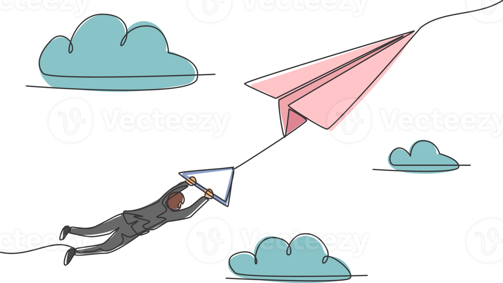 single doorlopend lijn tekening van jong bedrijf Mens hangende Aan vliegend groot papier vliegtuig. bedrijf uitdaging metafoor concept. minimalisme dynamisch een lijn tekenen. grafisch ontwerp illustratie png