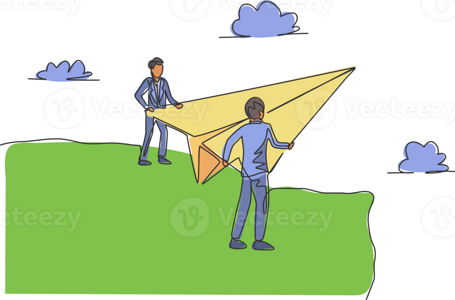 soltero uno línea dibujo joven empresarios en pie en parte superior montaña y participación papel avión a volar. negocio metáfora concepto. moderno continuo línea dibujar. mínimo diseño gráfico ilustración png