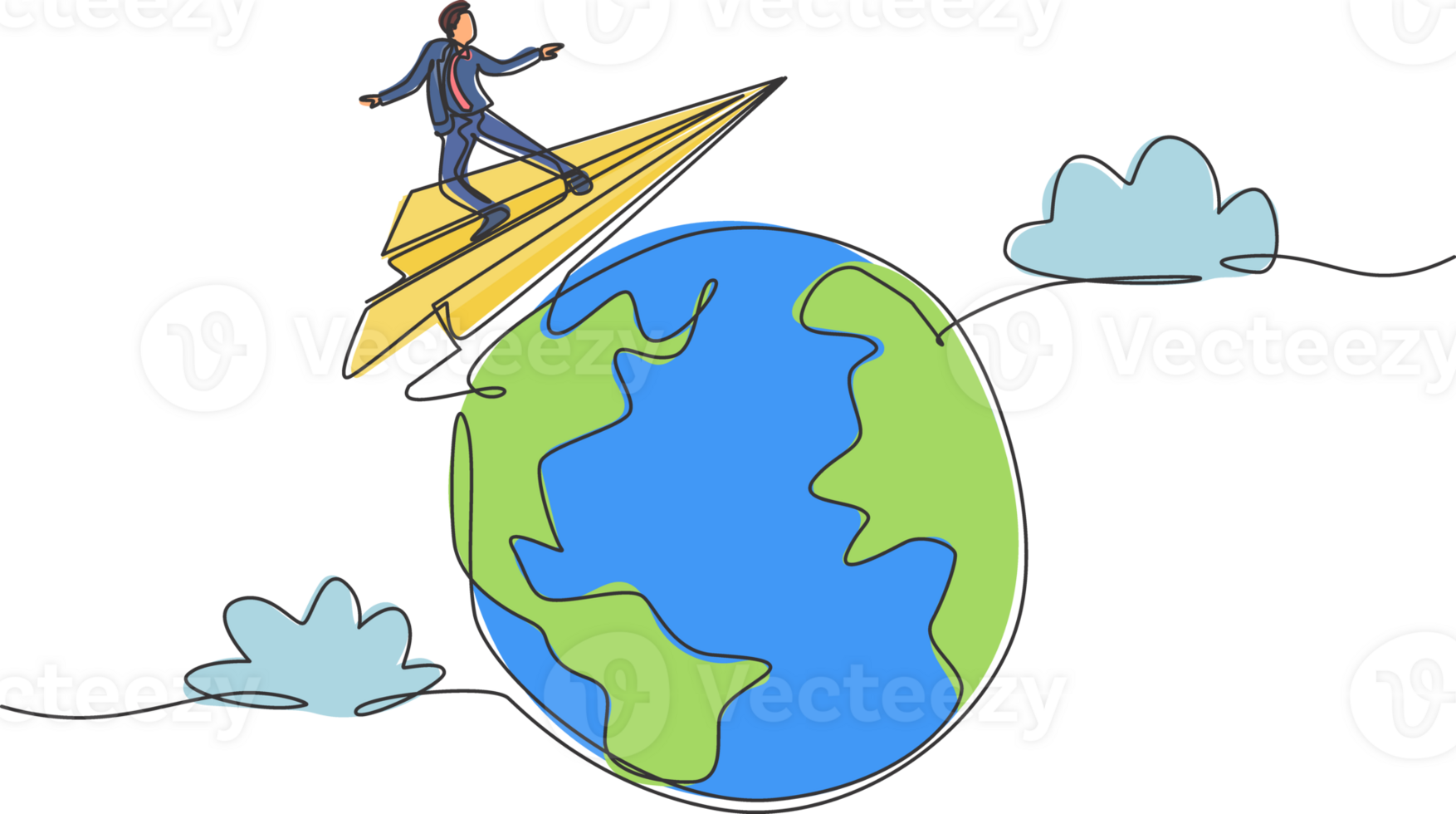 Single one line drawing young smart business man flying with paper airplane around the world. Business trip metaphor concept. Modern continuous line draw. Minimal design graphic illustration png