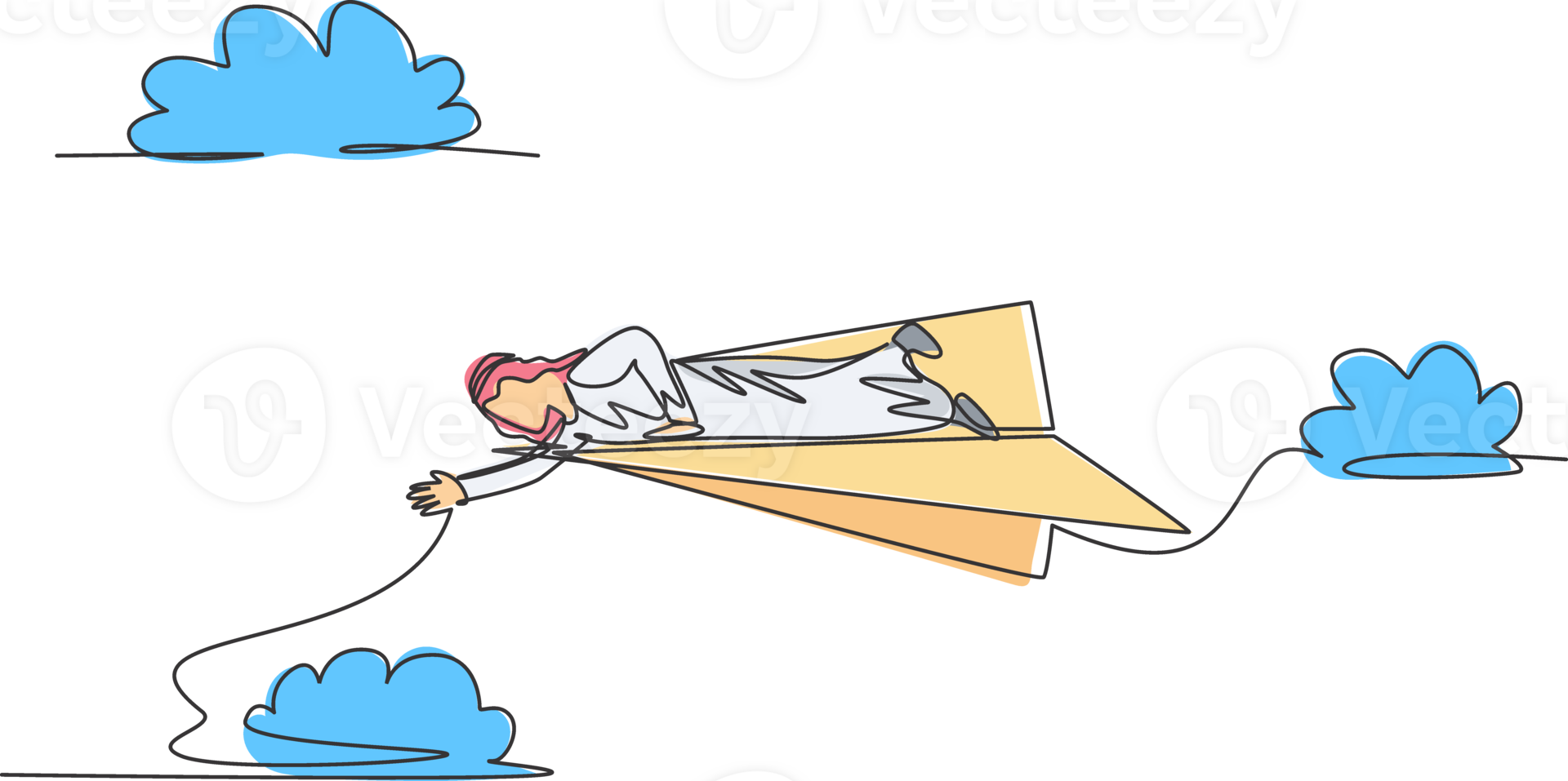 Single continuous line drawing of young Arabian business man lay down on flying paper plane to reach his fall colleagues. Minimalism metaphor concept. One line draw graphic design illustration png