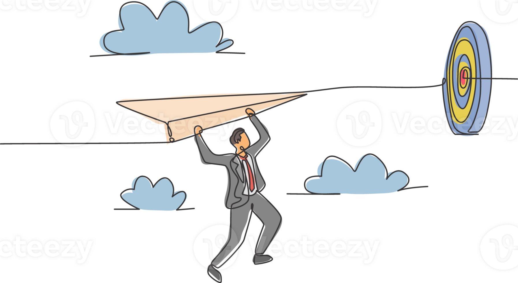 Single continuous line drawing young business man hanging on flying paper aircraft into target. Business goal metaphor concept. Minimalism dynamic one line draw. Graphic design illustration png