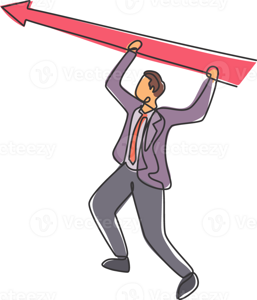 Single continuous line drawing of young business man hanging on up arrow sign to achieve goal target. Business metaphor concept. Minimalism dynamic one line draw. Graphic design illustration png