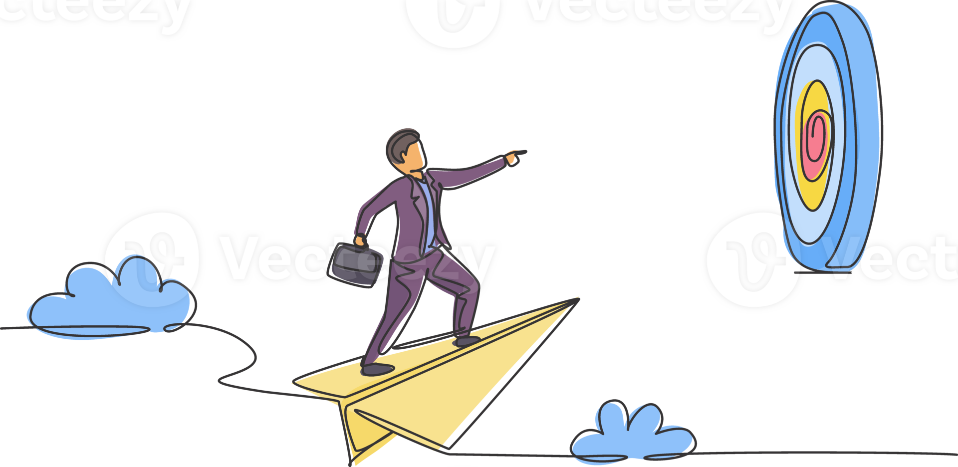 Continuous one line drawing young male worker focus flying with paper air plane into target dartboard. Success business manager. Minimalist concept. Single line draw design graphic illustration png