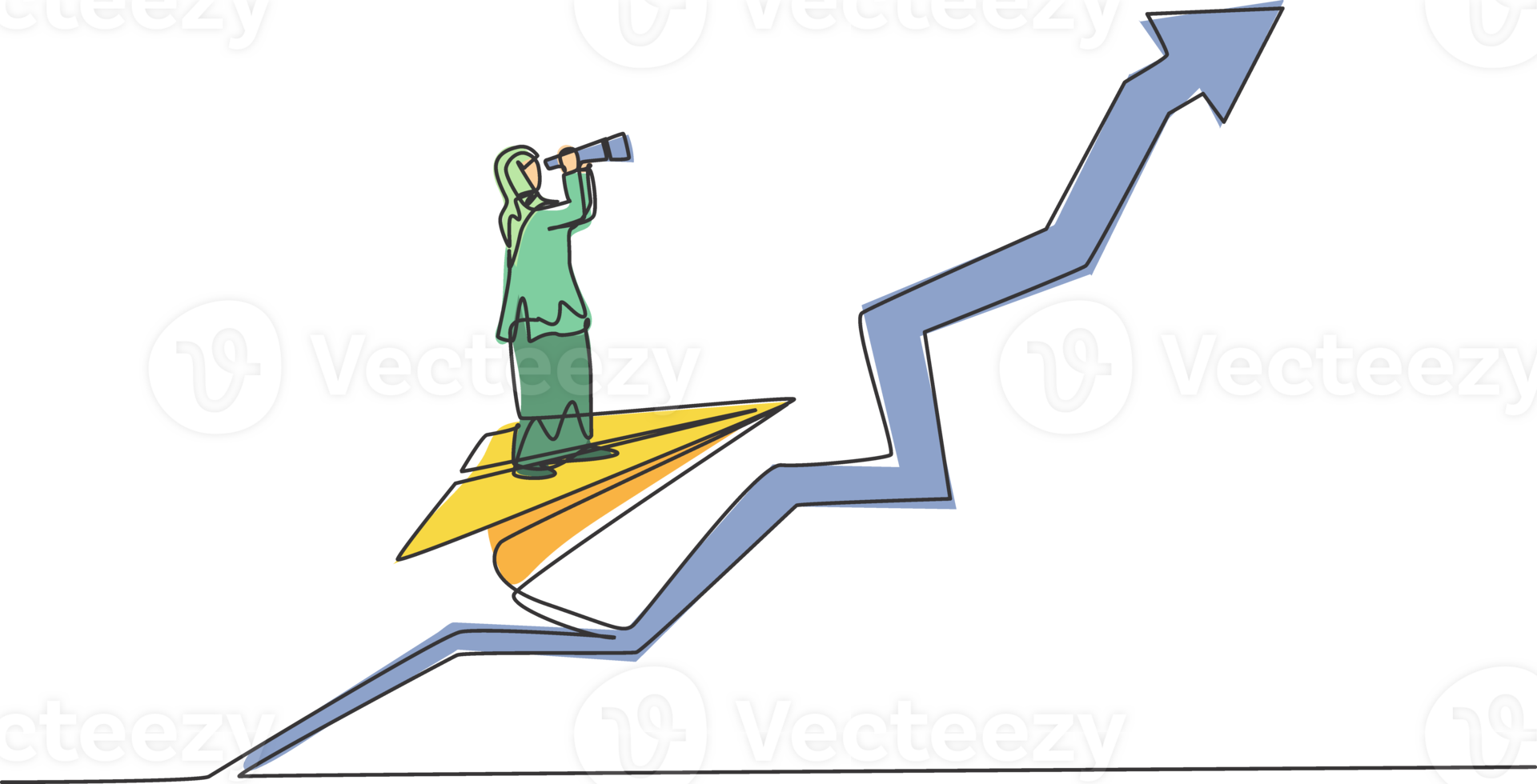 soltero uno línea dibujo joven árabe mujer de negocios analizar lucro crecimiento mientras volador con papel avión. negocio financiero mínimo concepto. continuo línea dibujar diseño gráfico ilustración png
