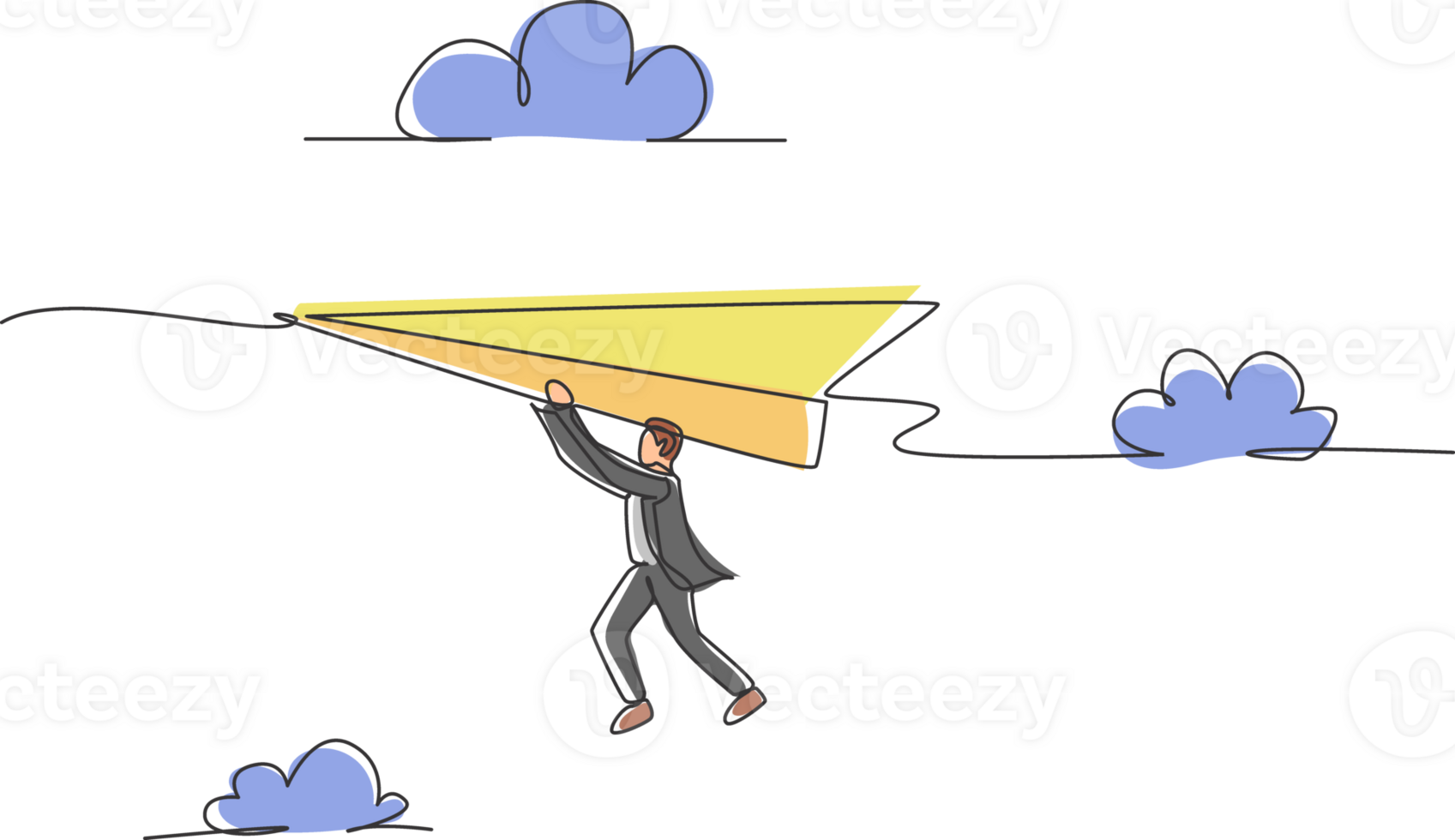 Continuous one line drawing young male worker hanging tight on flying paper airplane. Success business challenge metaphor minimalist concept. Trendy single line draw design graphic illustration png