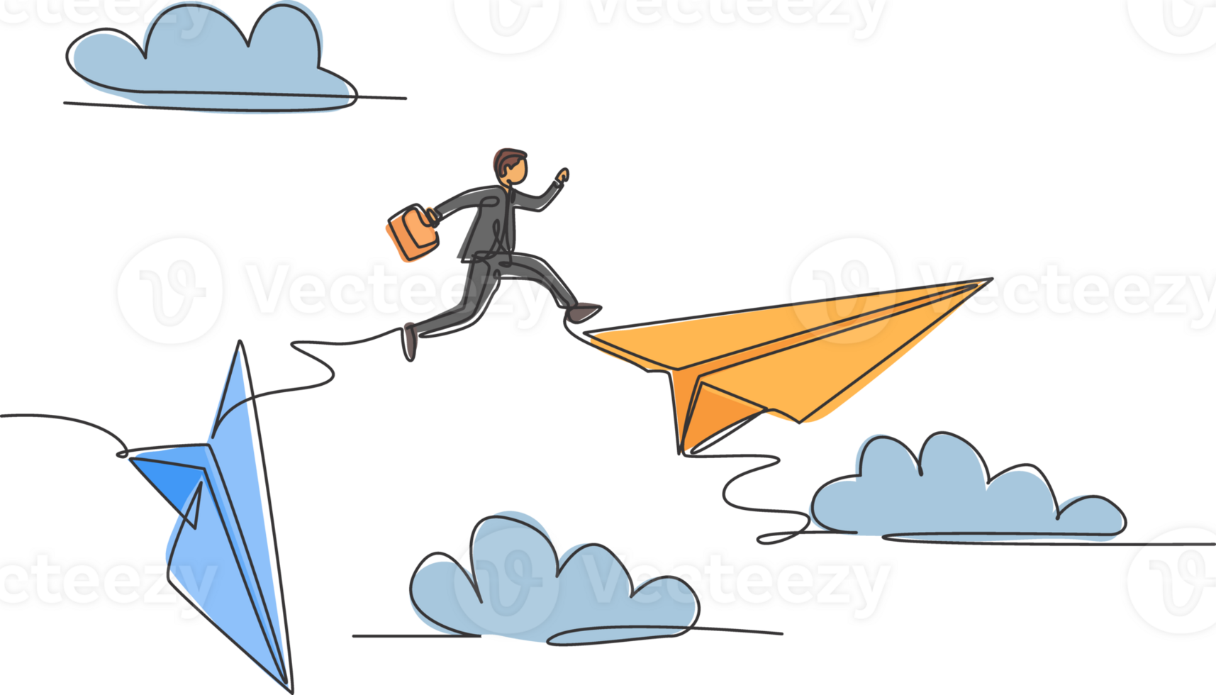 Single continuous line drawing young business man jumping from crash paper airplane to the flying plane. Professional businessman concept. Minimalism one line draw. Graphic design illustration png