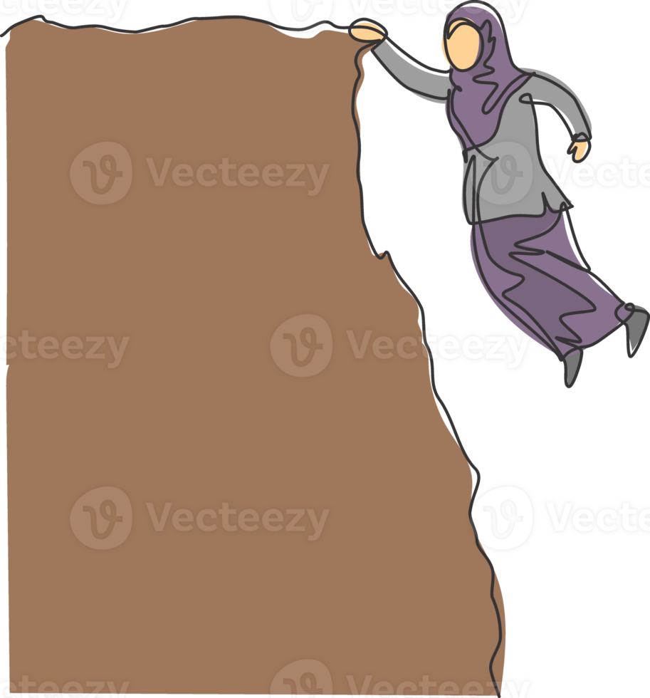 Single kontinuierlich Linie Zeichnung jung Fachmann weiblich arabisch Unternehmer Kampf hängend auf Kante von das Schlucht. Minimalismus Metapher Konzept dynamisch einer Linie zeichnen Grafik Design Illustration png