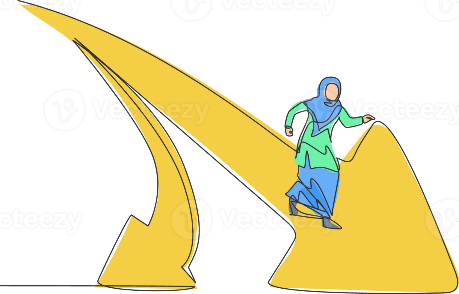 enda kontinuerlig linje teckning av ung professionell kvinna arab entreprenör löpning hetero på de vägskäl. minimalism liknelse begrepp dynamisk ett linje dra grafisk design illustration png