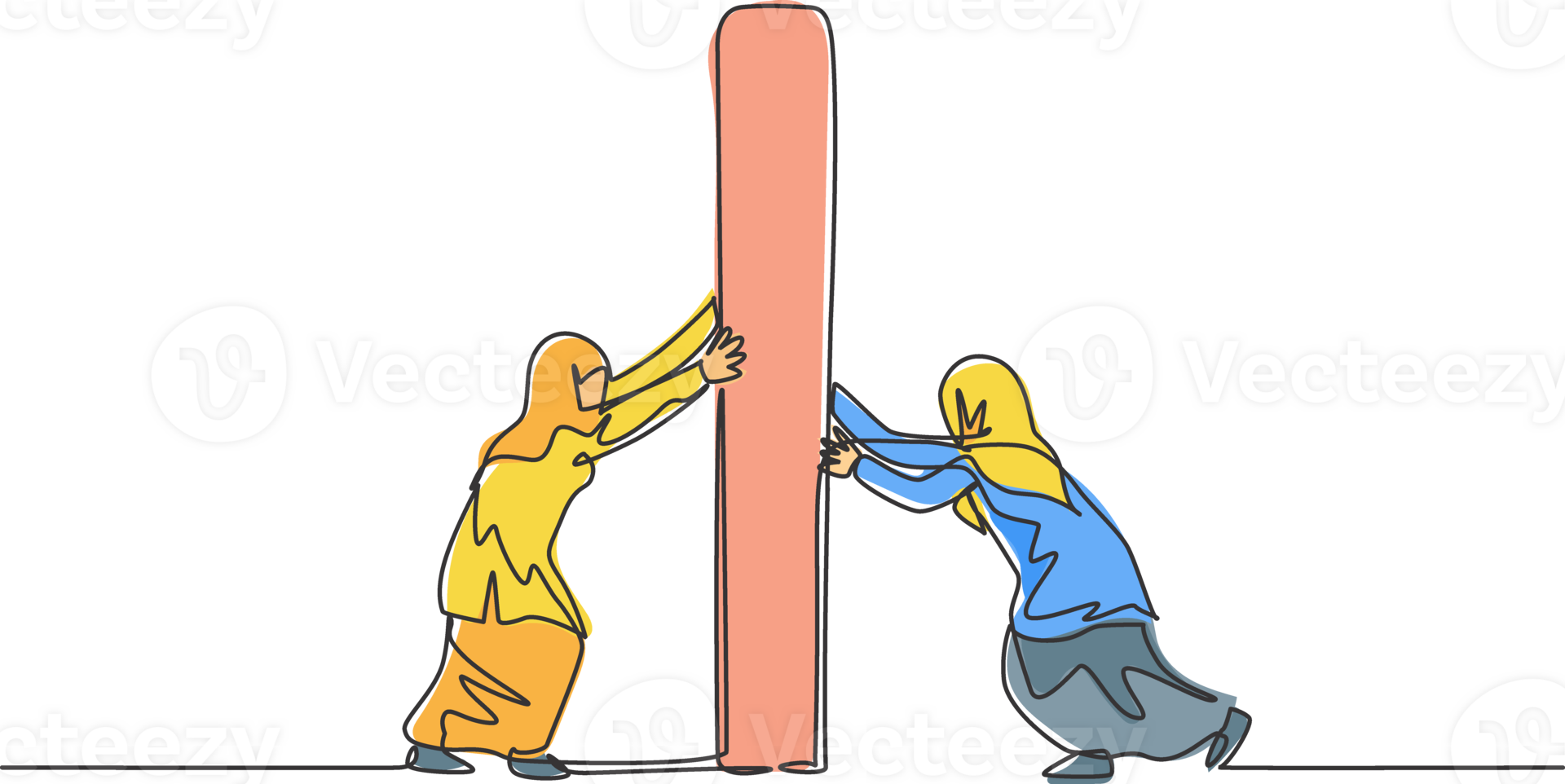 Single one line drawing of two young Arabian businesswomen pushing the challenge wall. Business finance growth metaphor minimal concept. Modern continuous line draw design graphic illustration png