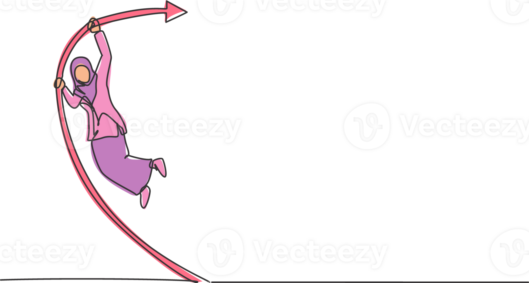 Single one line drawing of young Arabian businesswoman jumping high with pole vault. Business financial growth metaphor minimal concept. Modern continuous line draw design graphic illustration png