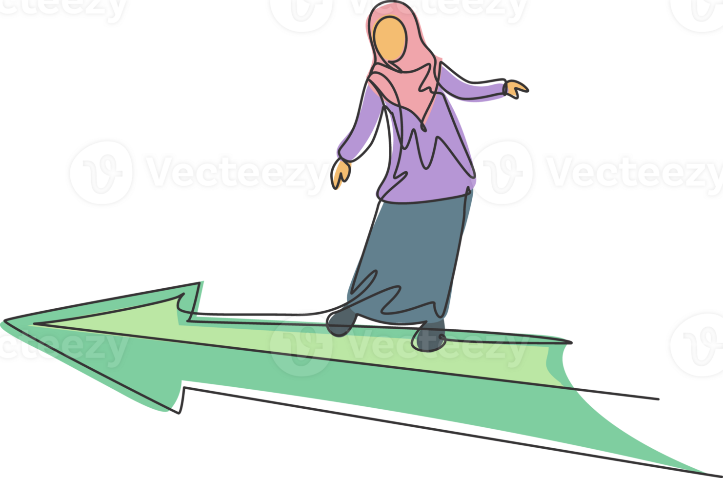 Single continuous line drawing of young professional female Arab entrepreneur flying ride forward progress arrow. Minimalism metaphor concept dynamic one line draw graphic design illustration png