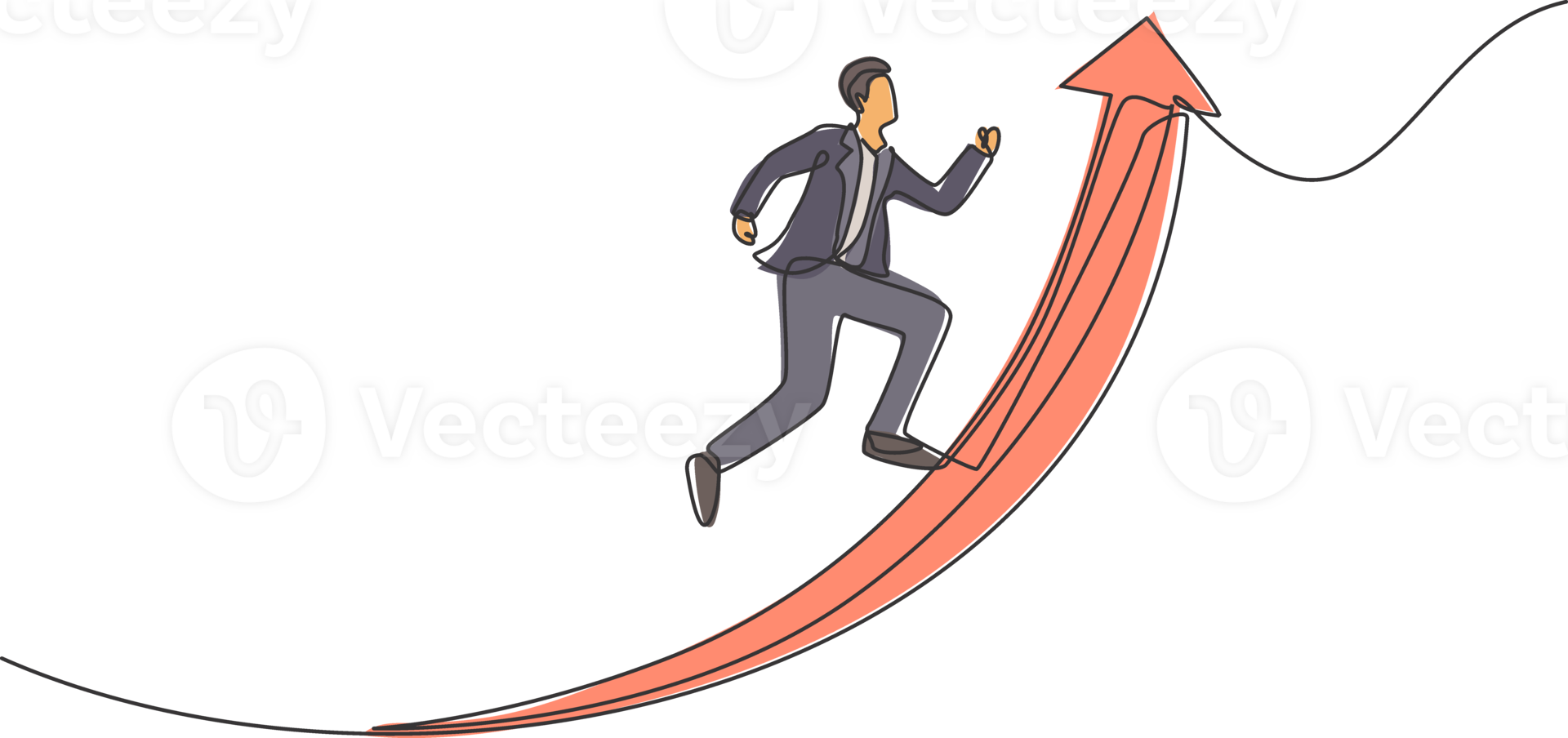 Single continuous line drawing of young business man jumping into the top of up arrow. Attractive professional businessman. Minimalism concept dynamic one line draw graphic design illustration png