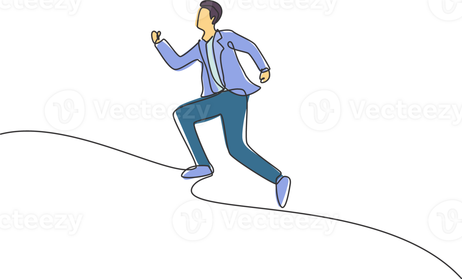 Single continuous line drawing of young business man running fun to get to the office. Attractive professional businessman. Minimalism concept dynamic one line draw graphic design illustration png