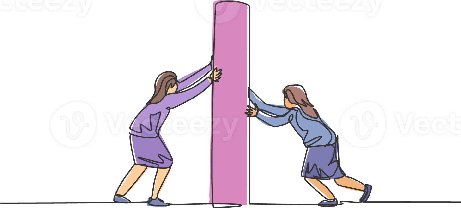 Single one line drawing two young smart business women pushing wall together team building. Business teamwork metaphor minimal concept. Modern continuous line draw design graphic illustration png
