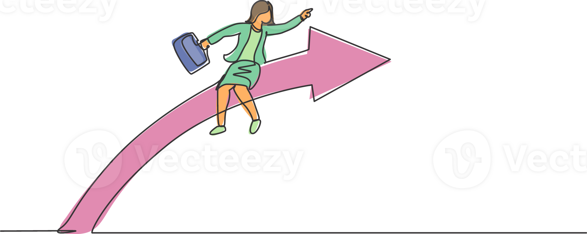 Single one line drawing of young smart business woman flying ride forward arrow to reach target. Business sales growth minimal concept. Modern continuous line draw design graphic illustration png