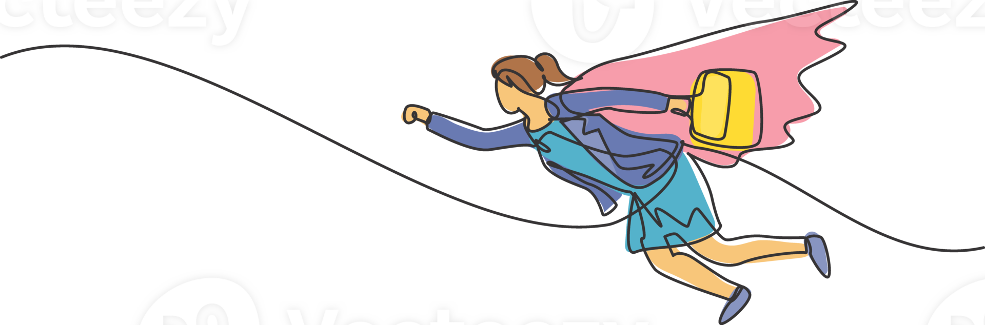 Continuous one line drawing young female worker flying high in the sky while holding briefcase. Success business manager minimalist concept. Trendy single line draw design graphic illustration png