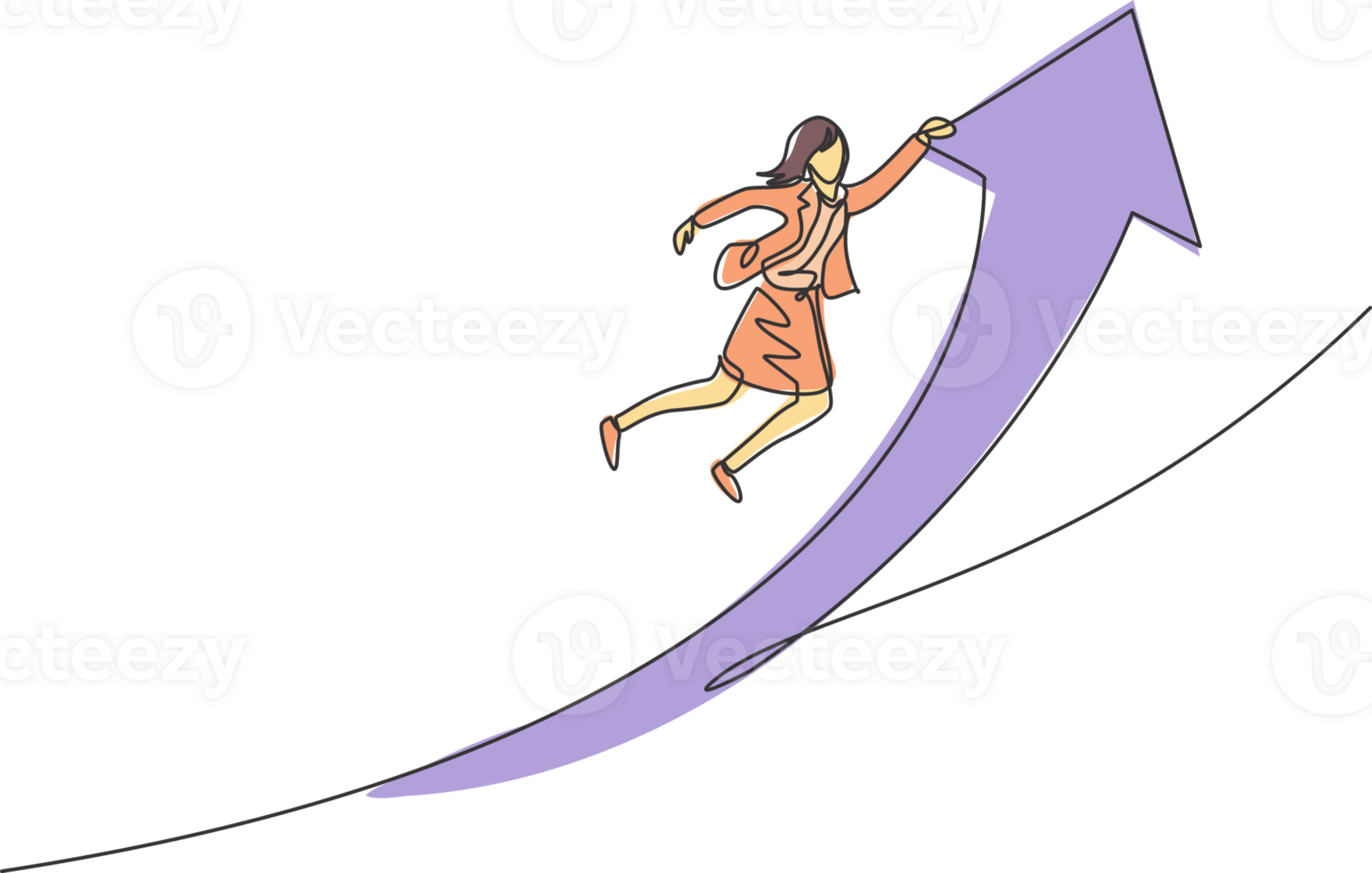 Célibataire un ligne dessin de Jeune intelligent affaires femme en volant et sauter, en portant en haut La Flèche symbole. affaires Ventes croissance minimal concept. moderne continu ligne dessiner conception graphique illustration png