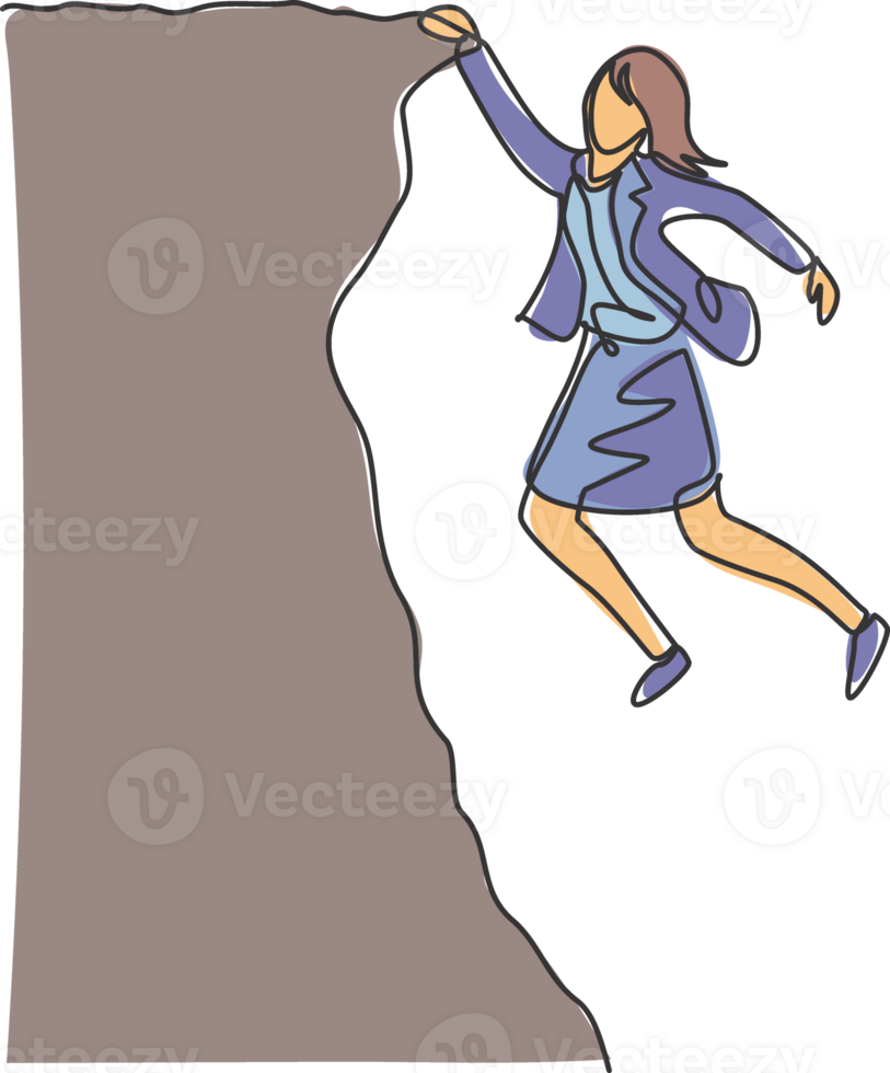 Continuous one line drawing of young female worker struggling and holding edge of cliff. Success business challenge minimalist concept. Trendy single line draw design graphic illustration png