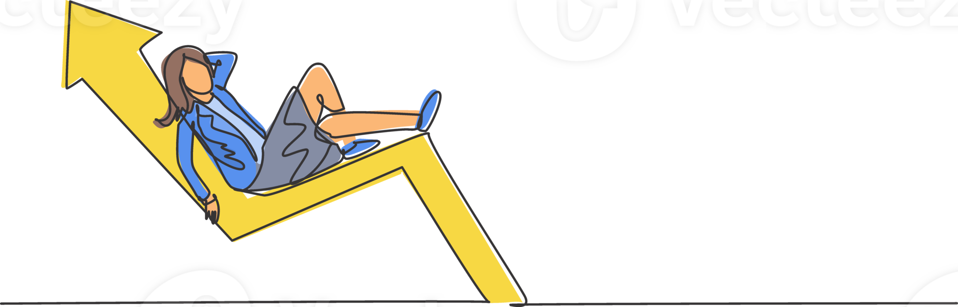 Single one line drawing young smart female investor sleeping relax on up arrow symbol enjoying life. Business investment minimal concept. Modern continuous line draw design graphic illustration png