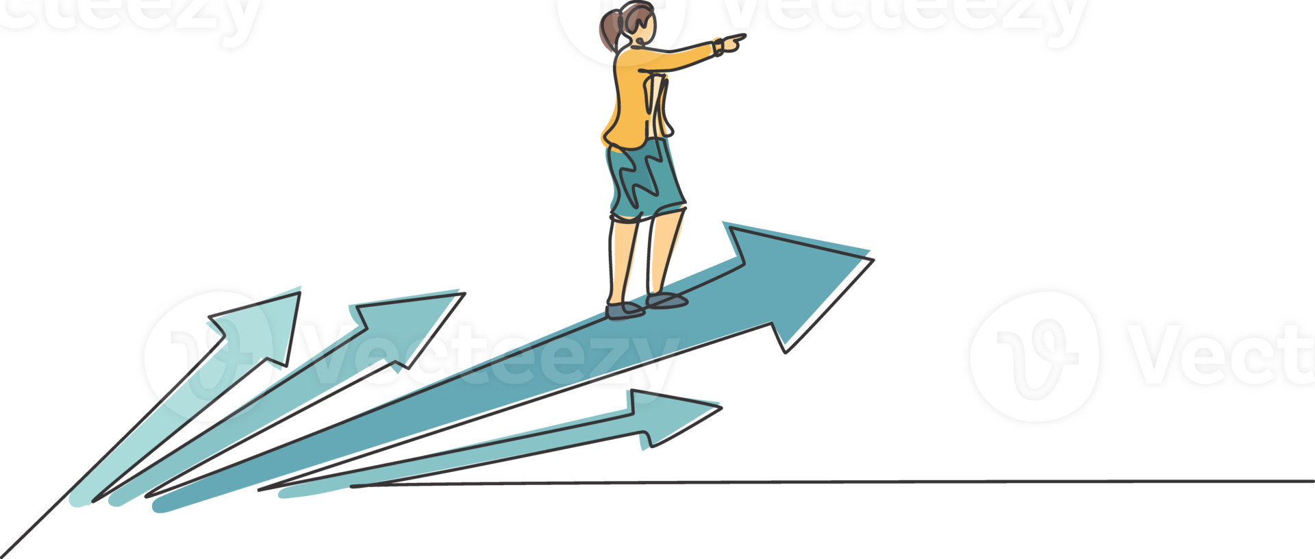 Continuous one line drawing of young female worker riding on forward arrows symbol. Success business manager minimalist metaphor concept. Trendy single line draw design graphic illustration png