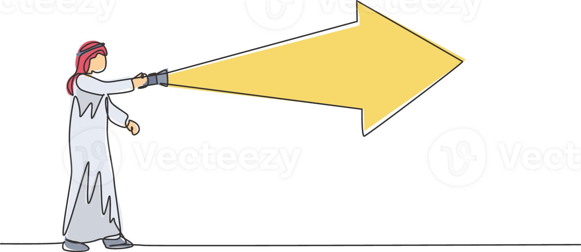 doorlopend een lijn tekening jong Arabisch mannetje manager pijl licht de manier gebruik makend van zaklamp. succes bedrijf vooruit pad minimalistische concept. modieus single lijn trek ontwerp grafisch illustratie png
