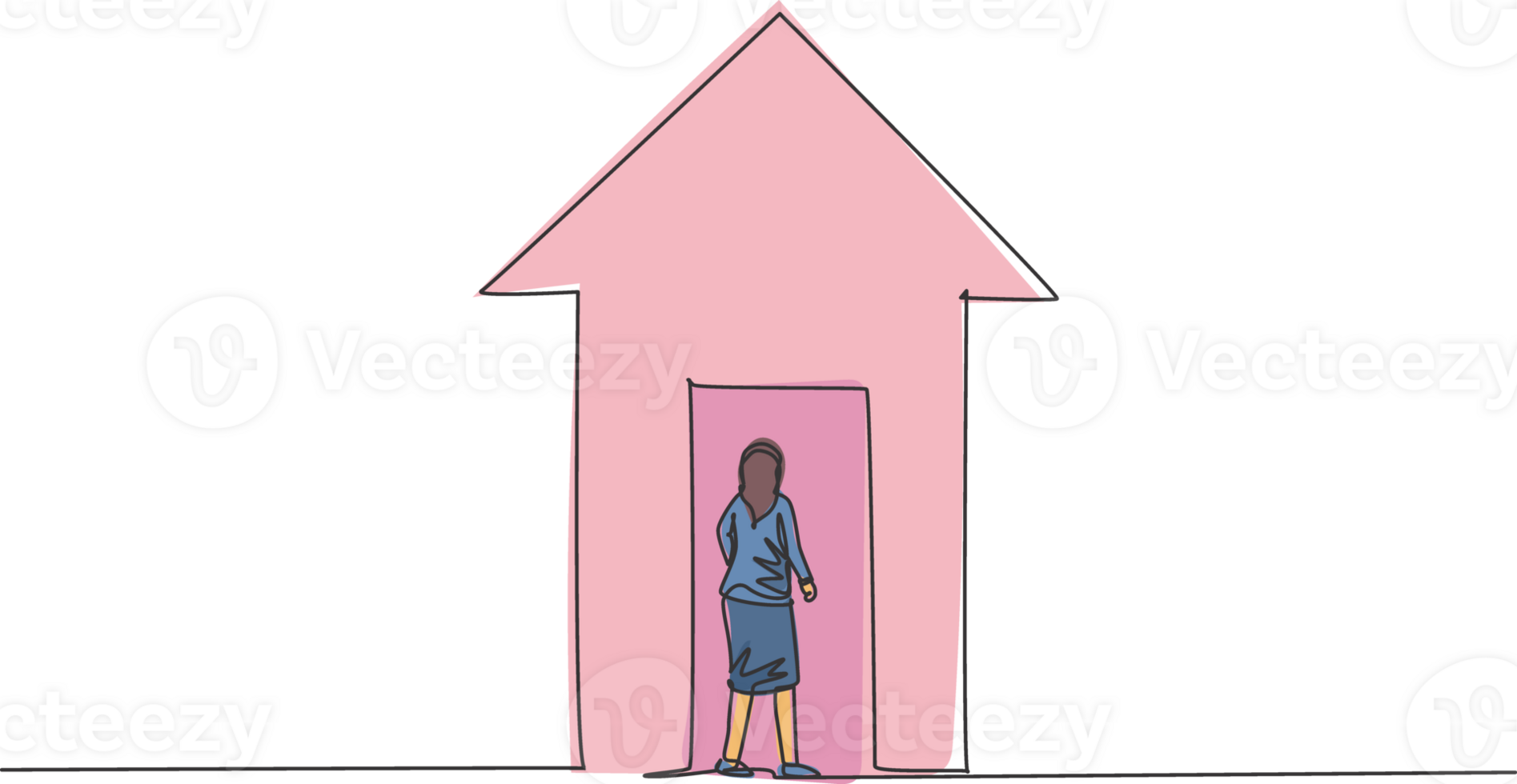 Single continuous line drawing of young female manager enter up arrow symbol building. Professional businesswoman metaphor. Minimalism concept dynamic one line draw graphic design illustration png