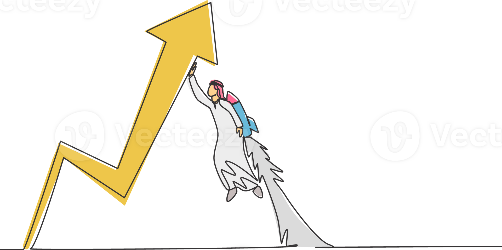 Continuous one line drawing young handsome Arabic male worker flying to rise up arrow symbol. Success business strategy minimalist concept. Trendy single line draw design graphic illustration png