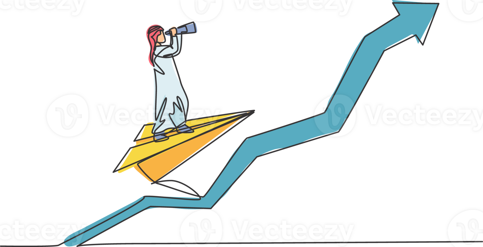 Single one line drawing young Arab male entrepreneur flying with paper plane and analyze business opportunity. Business growth minimal concept. Continuous line draw design graphic illustration png