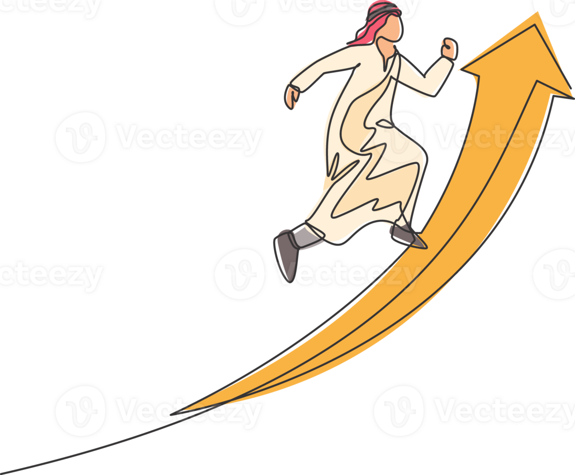 Continuous one line drawing of young Arabic male worker jumping high to reach increasing sales target. Success business manager minimalist concept. Single line draw design graphic illustration png