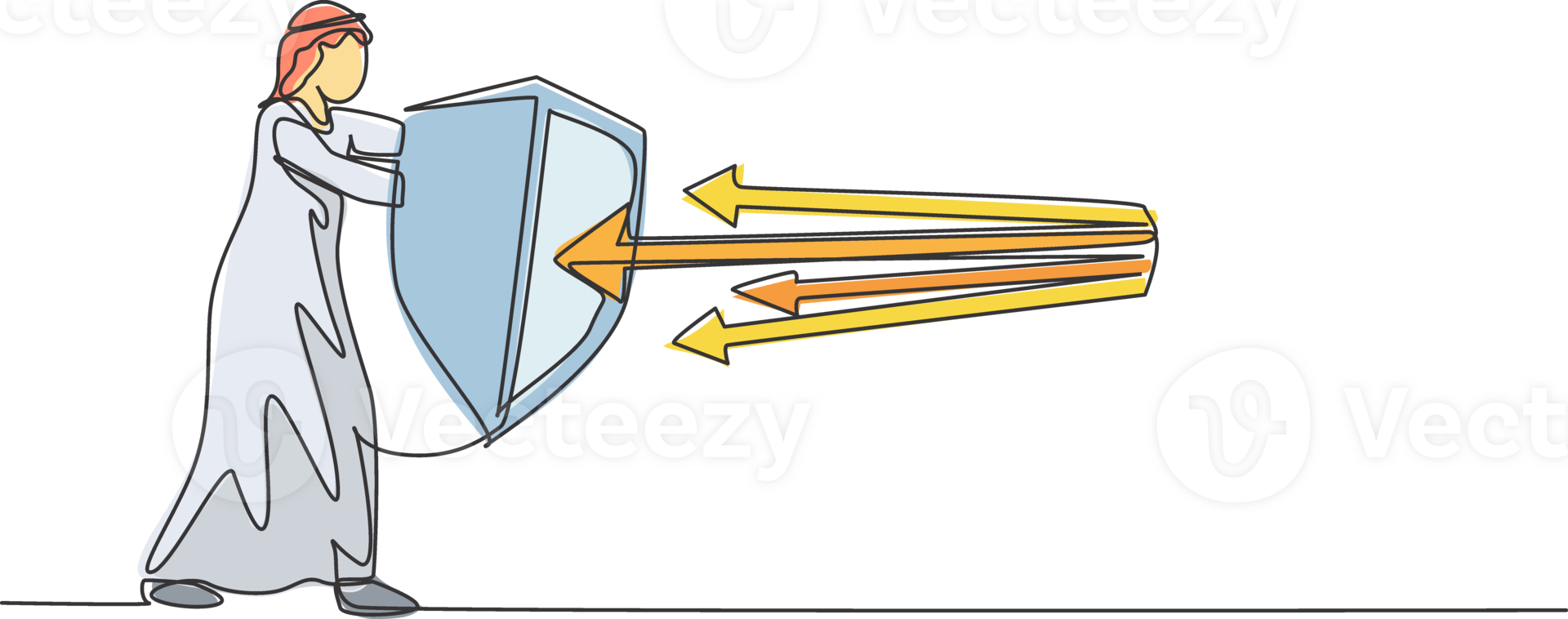 kontinuierlich einer Linie Zeichnung jung Arabisch männlich Arbeiter schützen Drohung mit Schild, Metapher. Erfolg Geschäft Strategie minimalistisch Konzept. modisch Single Linie zeichnen Design Grafik Illustration png