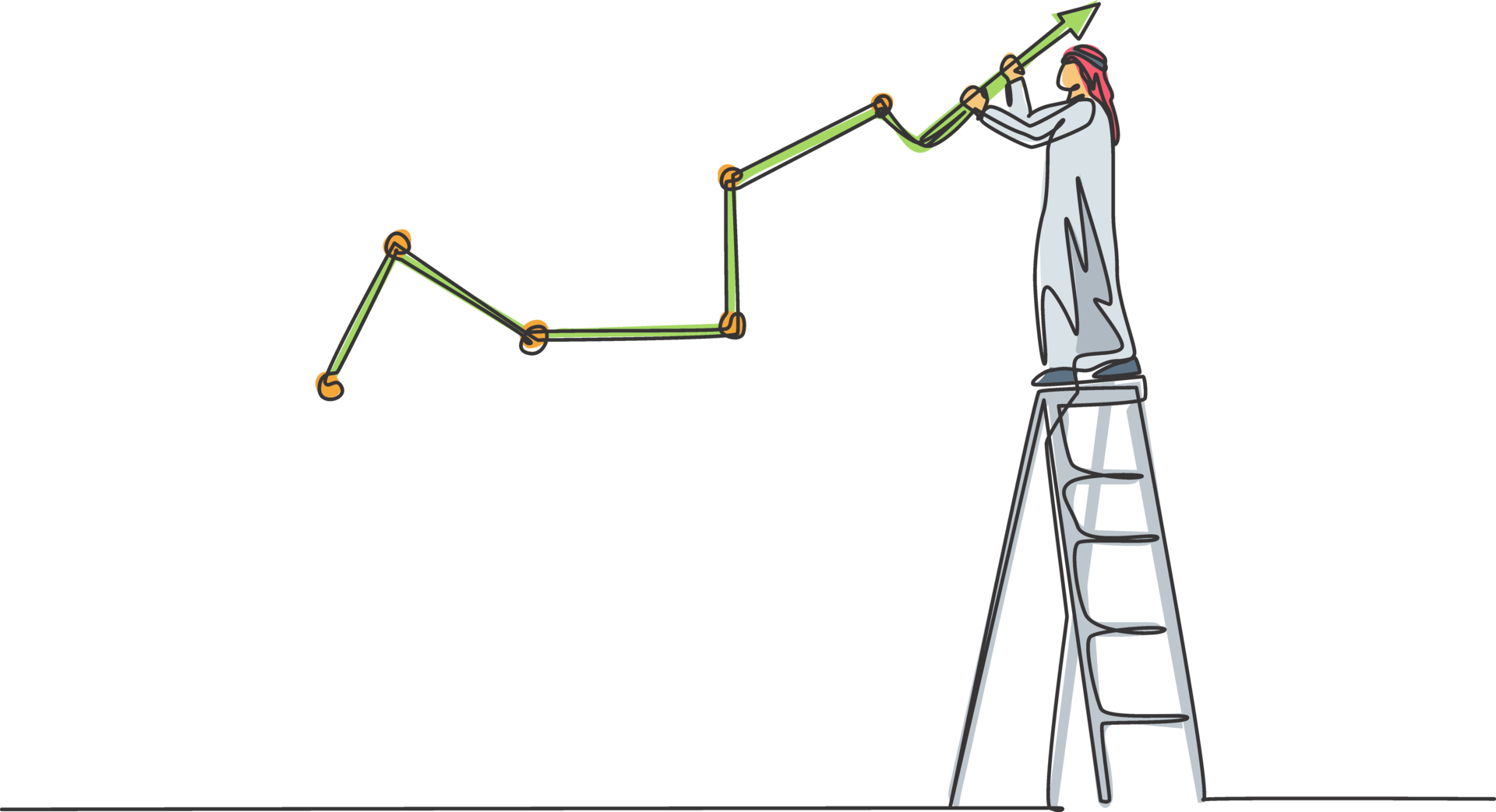 Single continuous line drawing young Arab businessman draw increasing