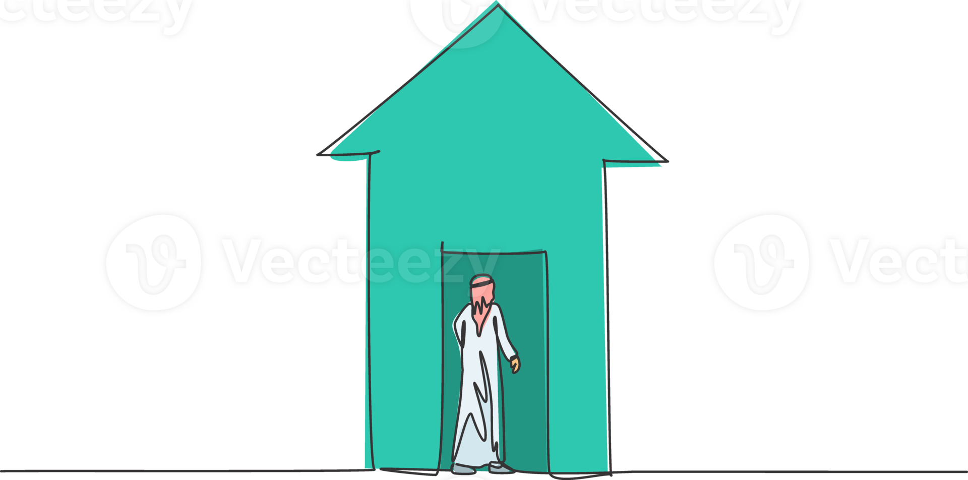 Single continuous line drawing of young Arabic businessman enter into the house up arrow symbol. Smart professional manager. Minimalism concept dynamic one line draw graphic design illustration png