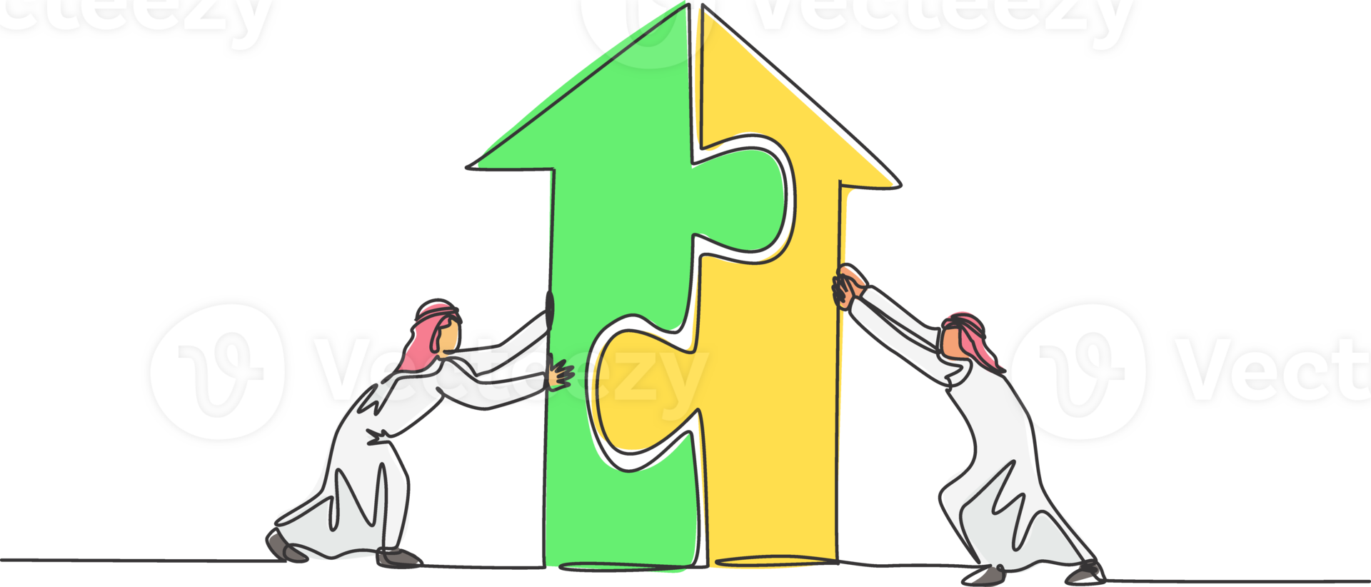 Continuous one line drawing two young handsome Arabian male workers pushing puzzle pieces to build a building. Business teamwork minimalist concept. Single line draw design graphic illustration png