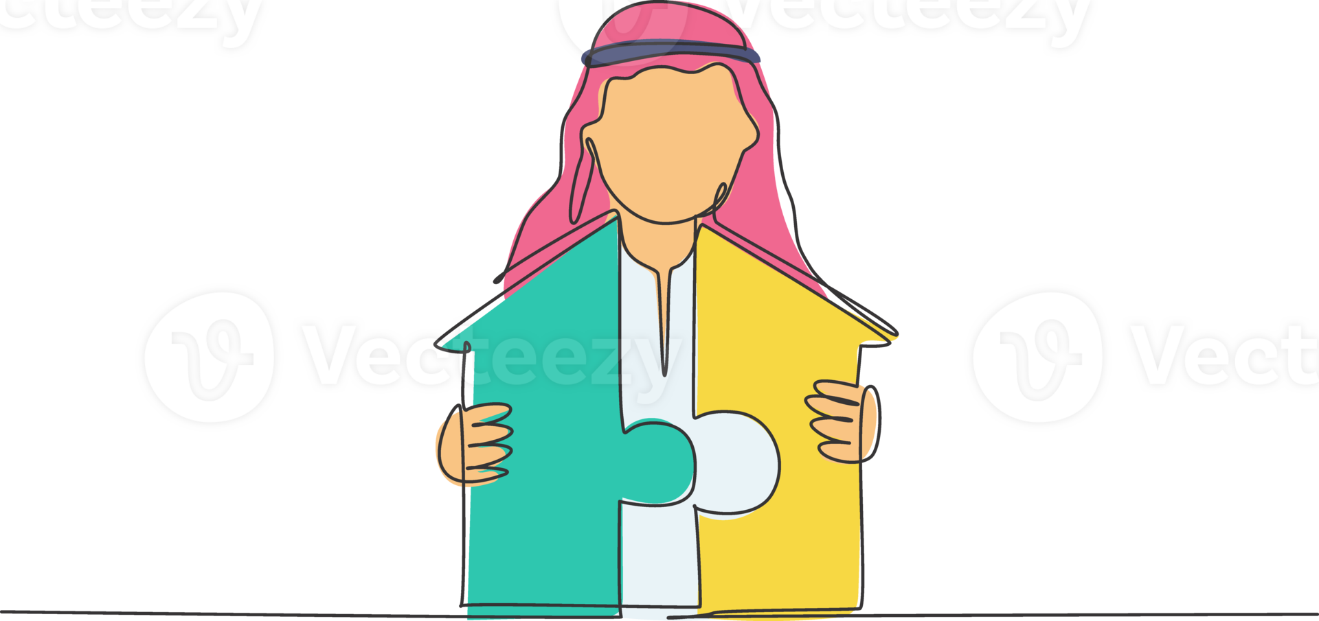 Continuous one line drawing young handsome Arab male worker unite puzzle piece to build house. Success business strategy minimalist concept. Trendy single line draw design graphic illustration png