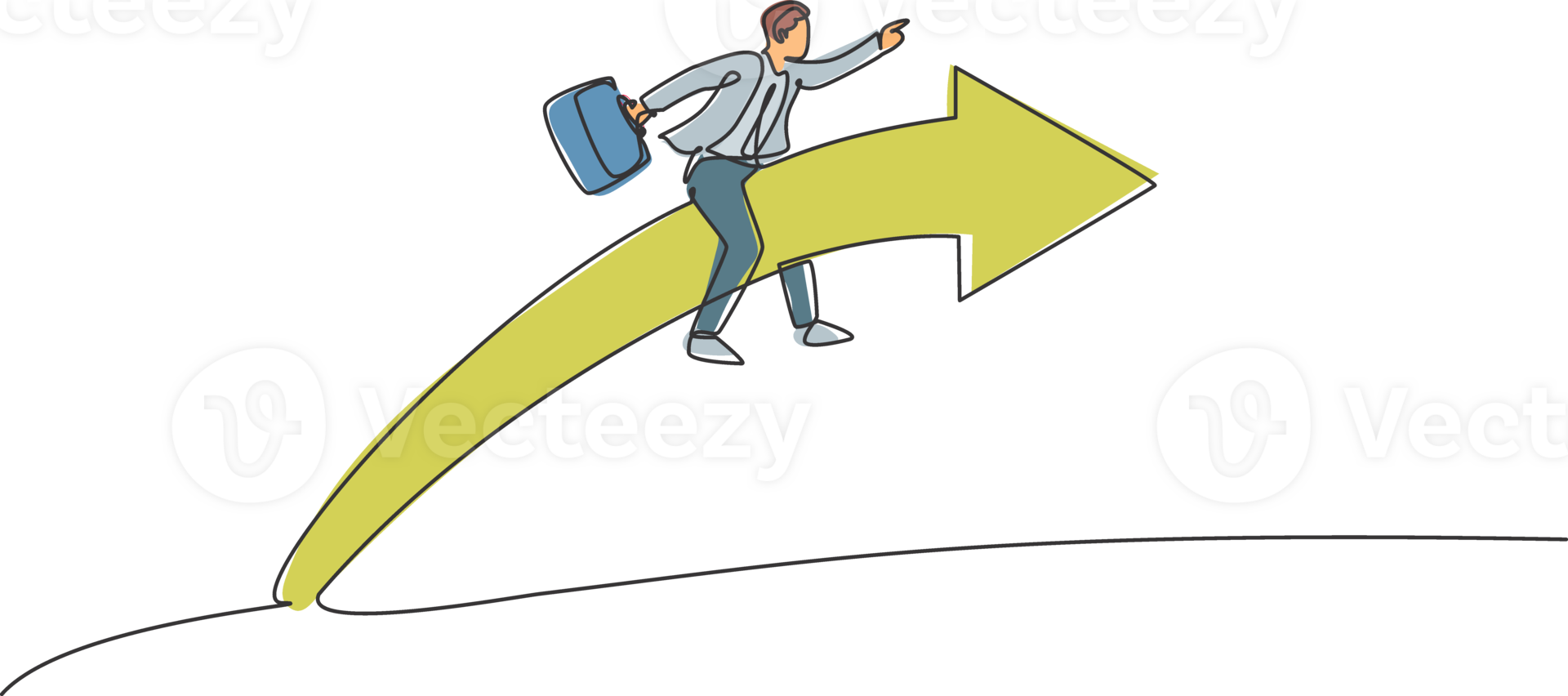 Continuous one line drawing young handsome male worker riding forward arrow while hold briefcase. Success business manager minimal concept. Trendy single line draw design graphic illustration png