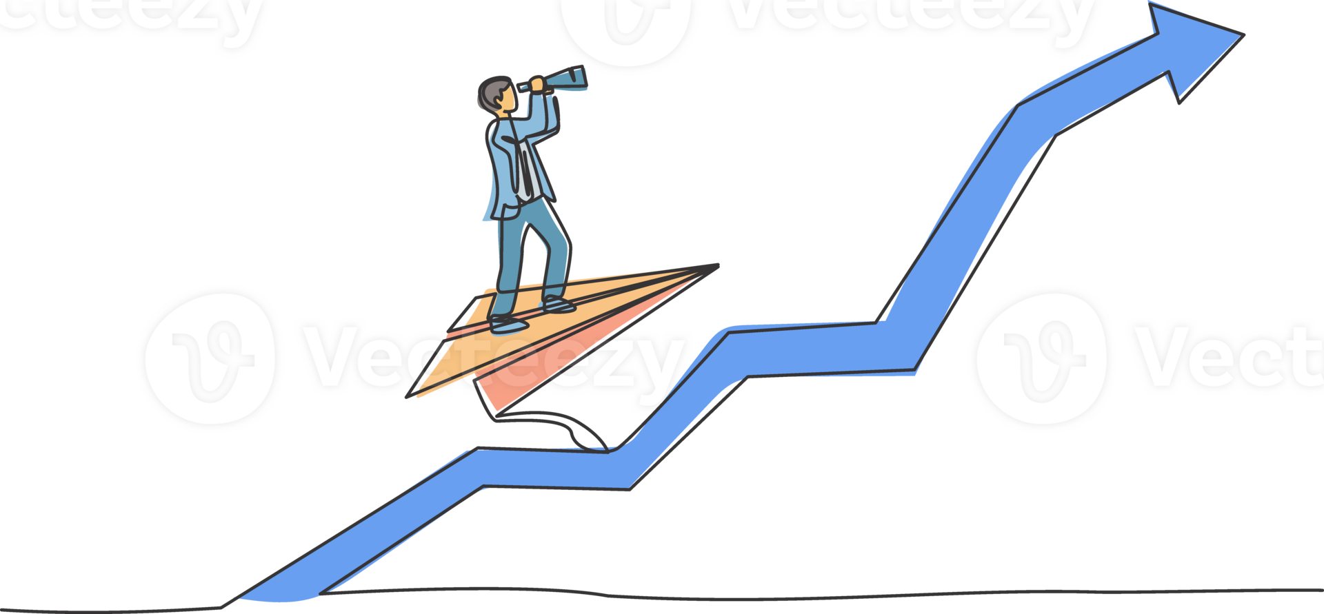 Single one line drawing young smart male employee fly using paper aircraft and looking forward. Business finance growth minimal concept. Modern continuous line draw design graphic illustration png