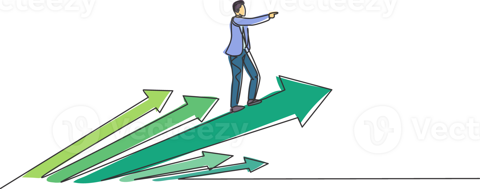 Continuous one line drawing of young handsome male worker flying using rapid up arrows symbol. Success business manager minimalist concept. Trendy single line draw design graphic illustration png