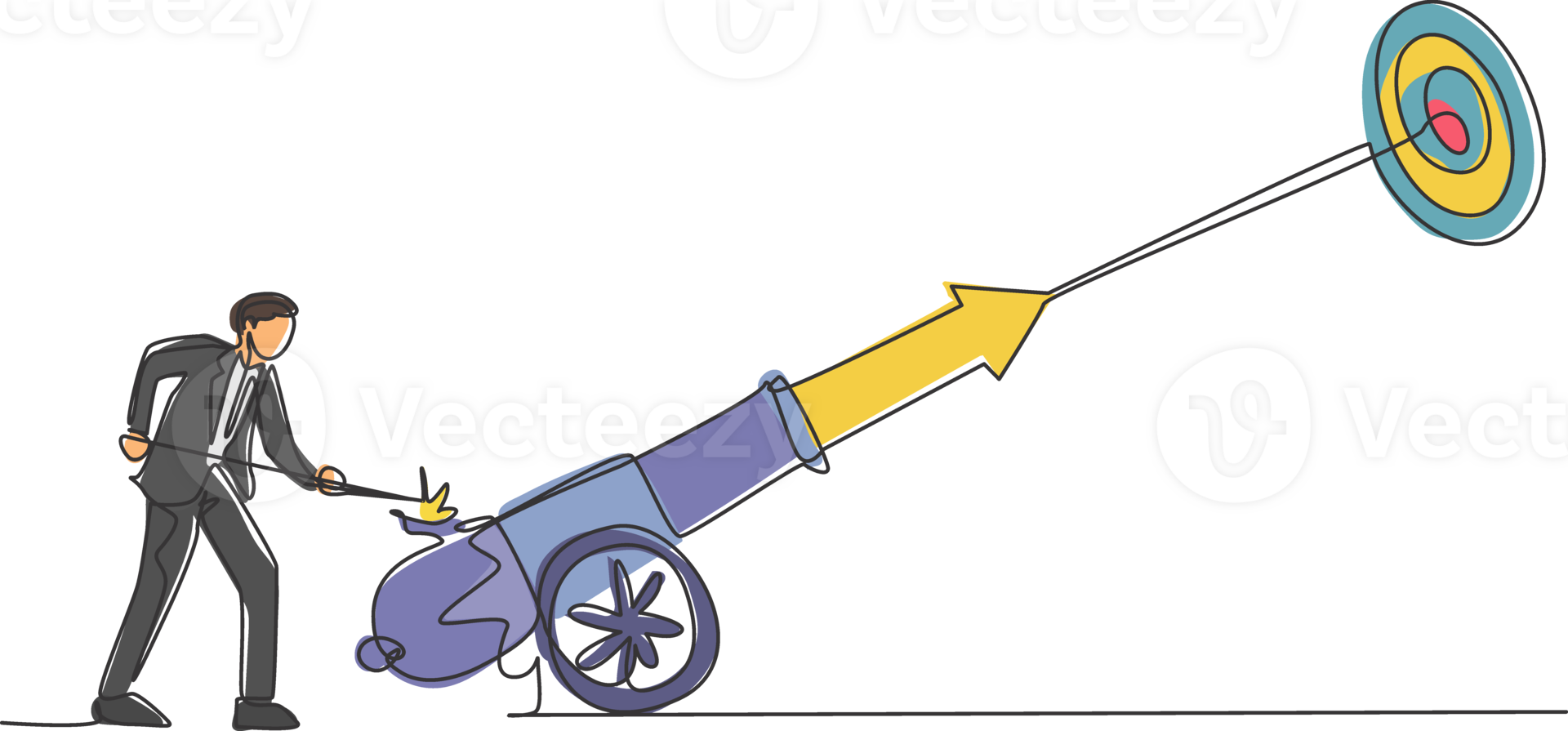 single doorlopend lijn tekening van jong bedrijf Mens vlam de kanon bal lont naar raken doelwit. professioneel zakenman. minimalisme concept dynamisch een lijn trek grafisch ontwerp illustratie png