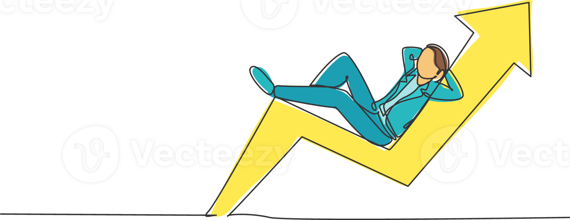 Single one line drawing of young smart investor lay down relaxing on up arrow symbol. Business investment stock growth minimal concept. Modern continuous line draw design graphic illustration png